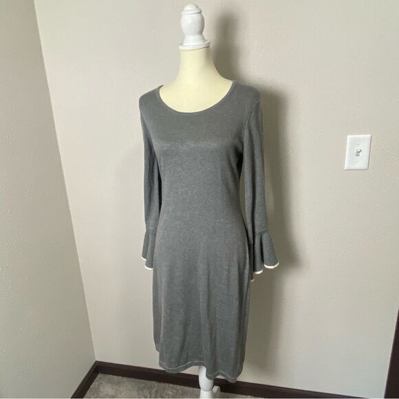 Calvin Klein Gray Long Bell Sleeve Career Wear Knee Length Sweater Dress Size L - Picture 10 of 14
